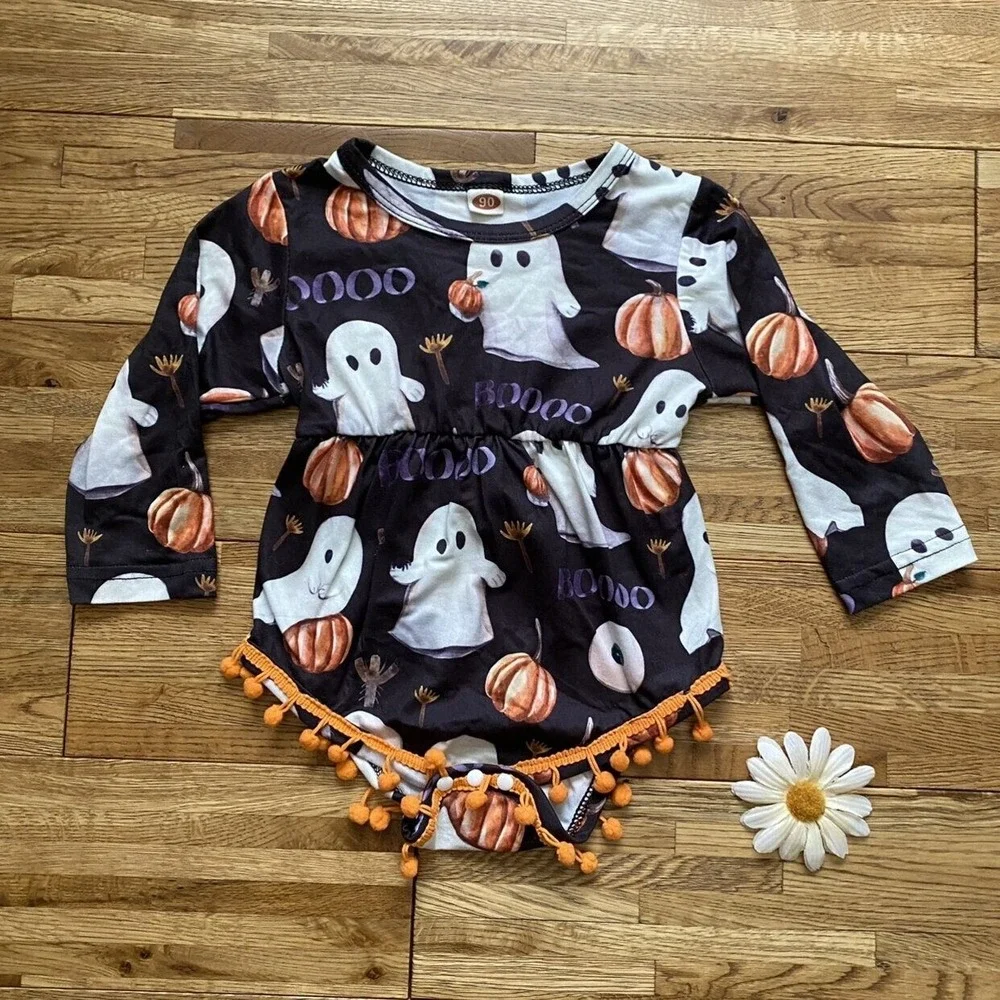Halloween Ghost And Pumpkin‎ Romper With Pom Poms Size 90